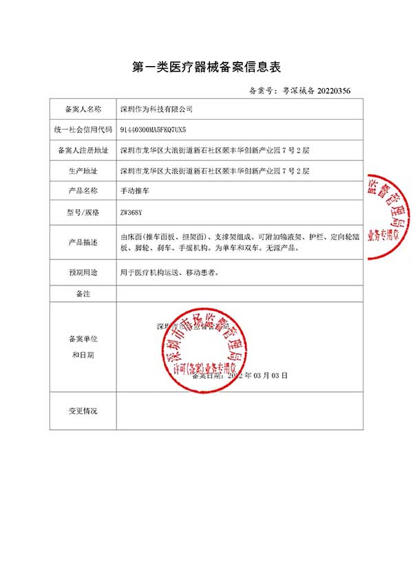 Zw368Y第一类医疗器械备案信息表